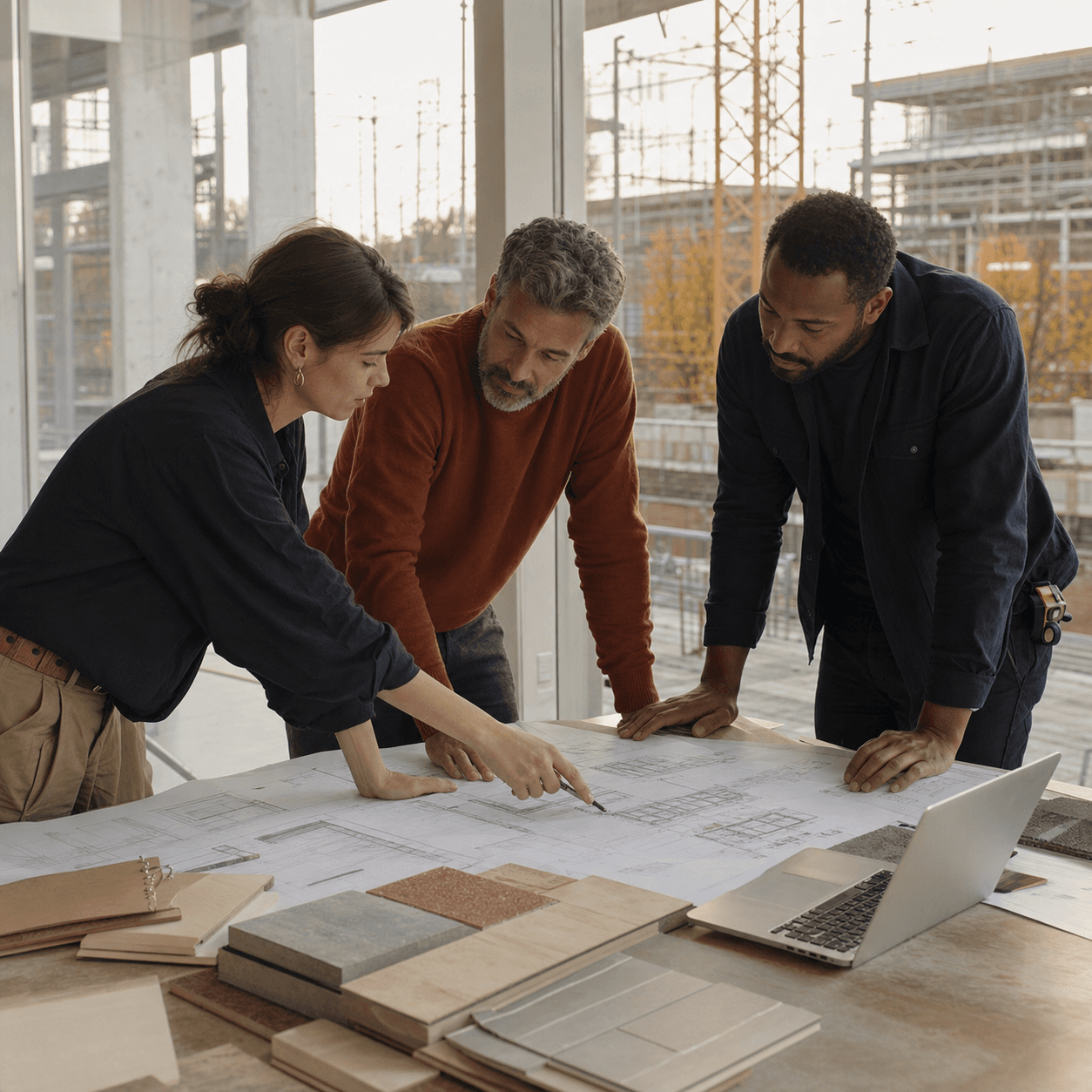 Project delivery team reviewing architectural plans